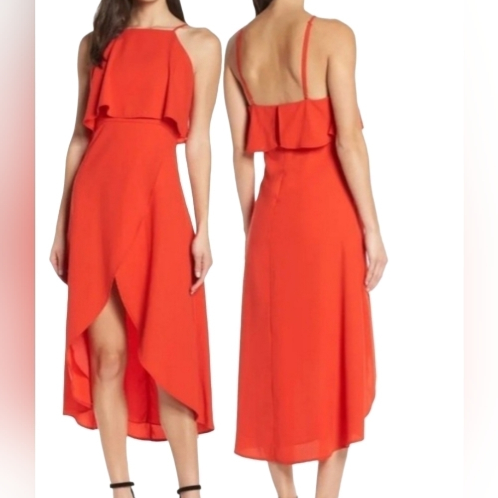 Elizabeth Crosby Stella Red High-Low Popover Midi Dress New Medium